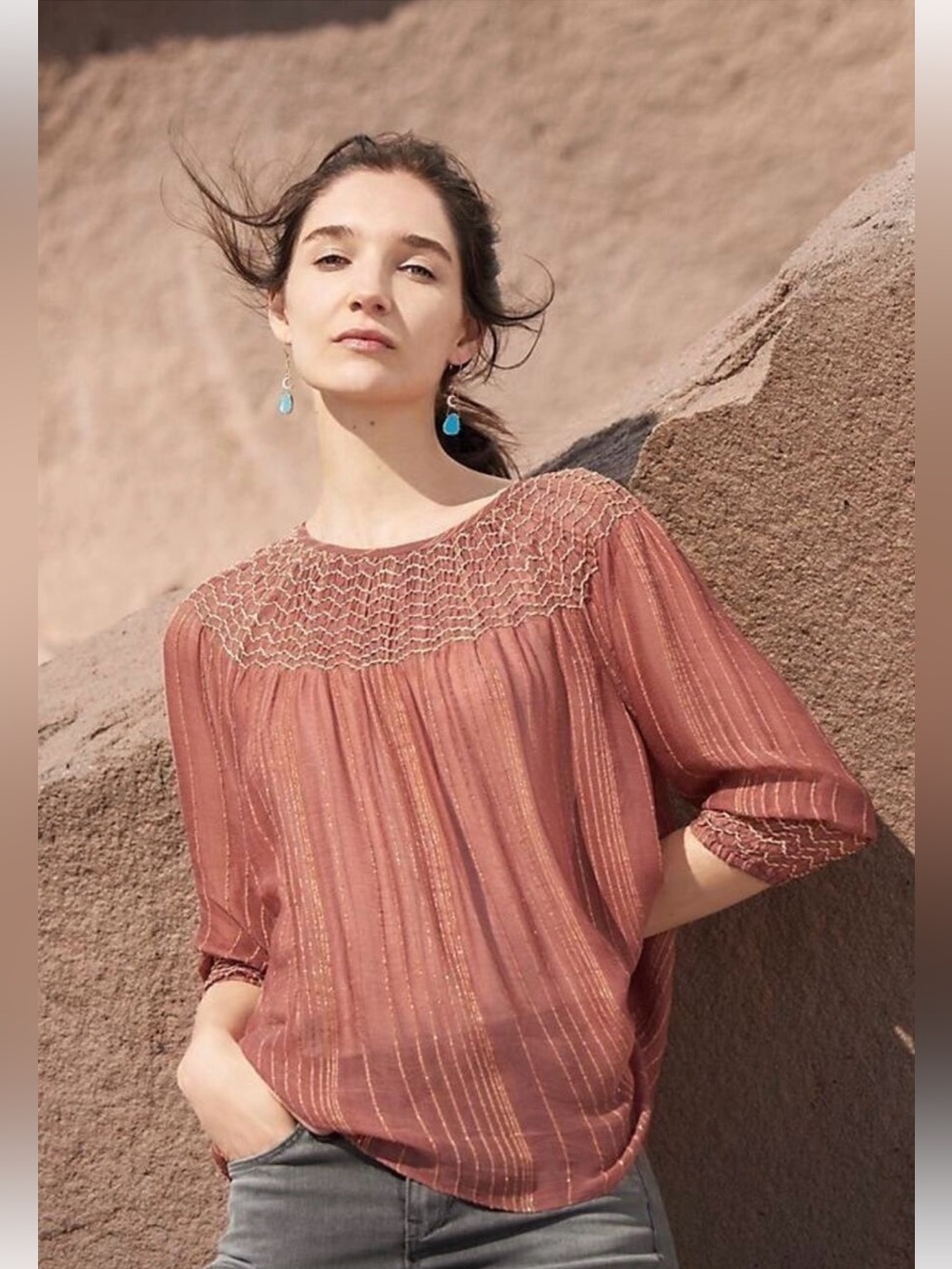 Love Sam Rose Mauve Blouse with Metallic Gold Stripes MEDIUM EUC
